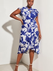 Lipsy Blue Printed Curve Printed Keyhole Ruffle Fit and Flare Midi Dress - Image 1 of 4