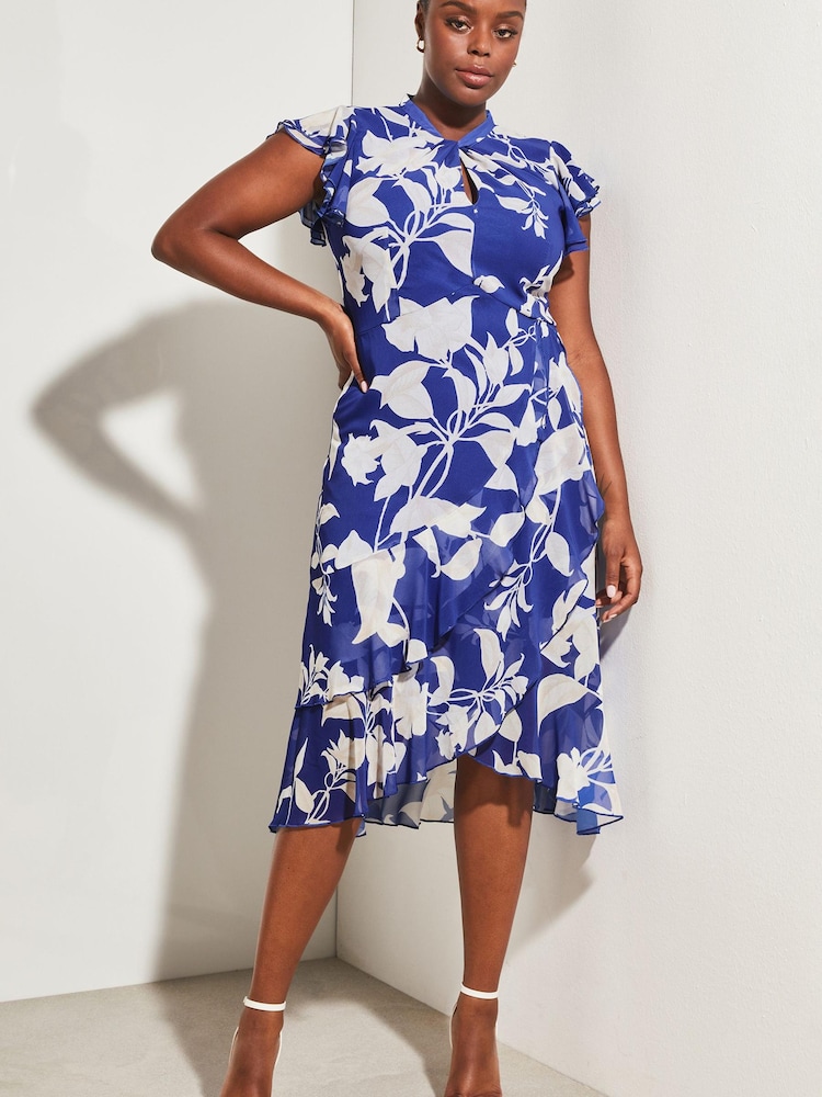 Lipsy Blue Printed Curve Printed Keyhole Ruffle Fit and Flare Midi Dress - Image 1 of 4