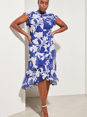 Lipsy Blue Printed Curve Printed Keyhole Ruffle Fit and Flare Midi Dress - Image 3 of 4
