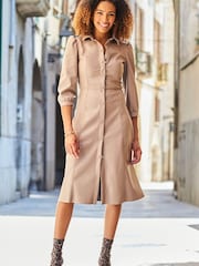 Sosandar Brown Faux Leather Popper Front Shirt Dress - Image 2 of 5