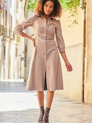 Sosandar Brown Faux Leather Popper Front Shirt Dress - Image 3 of 5