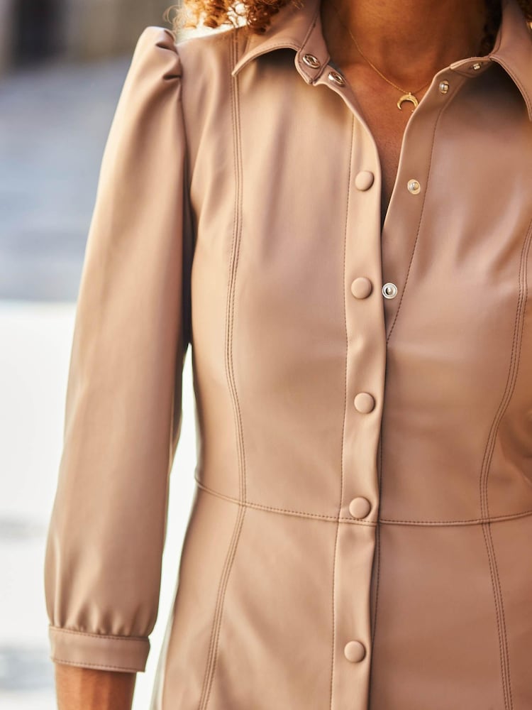 Sosandar Brown Faux Leather Popper Front Shirt Dress - Image 5 of 5