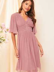 Lipsy Pink Empire Short Sleeve Bridesmaid Midi Dress - Image 1 of 4