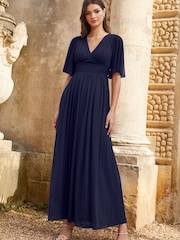 Lipsy Navy Empire Short Sleeve Bridesmaid Maxi Dress - Image 1 of 4