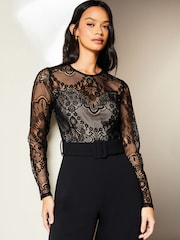 Lipsy Black Petite Wide Leg Long Sleeve Lace Sweetheart Belted Jumpsuit - Image 3 of 4