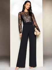 Lipsy Black Wide Leg Long Sleeve Lace Sweetheart Belted Jumpsuit - Image 1 of 4