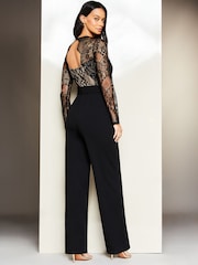 Lipsy Black Wide Leg Long Sleeve Lace Sweetheart Belted Jumpsuit - Image 2 of 4