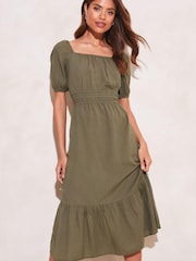 Lipsy Khaki Green Linen Look Puff Sleeve Midi Dress - Image 1 of 4