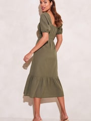 Lipsy Khaki Green Linen Look Puff Sleeve Midi Dress - Image 2 of 4