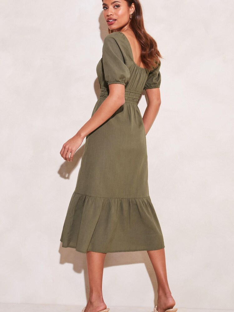 Lipsy Khaki Green Linen Look Puff Sleeve Midi Dress - Image 2 of 4