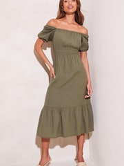 Lipsy Khaki Green Linen Look Puff Sleeve Midi Dress - Image 3 of 4