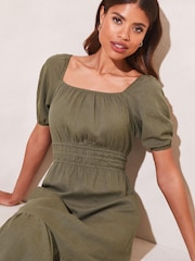 Lipsy Khaki Green Linen Look Puff Sleeve Midi Dress - Image 4 of 4