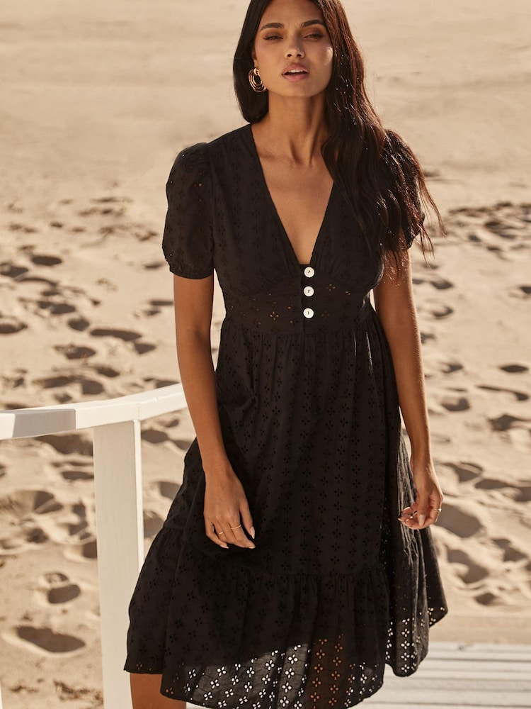 Lipsy Black Petite Broderie V Neck Puff Sleeve Midi Summer Dress - Image 1 of 4