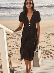 Lipsy Black Petite Broderie V Neck Puff Sleeve Midi Summer Dress - Image 2 of 4