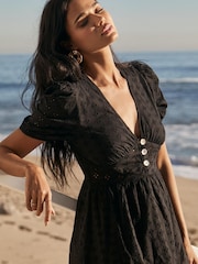 Lipsy Black Petite Broderie V Neck Puff Sleeve Midi Summer Dress - Image 4 of 4