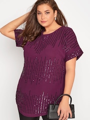 Yours Curve Purple Luxe Embellished Turn Back Blouse - Image 1 of 4