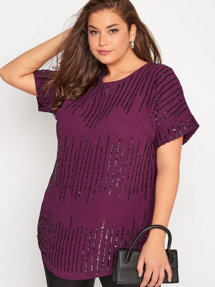 Yours Curve Purple Luxe Embellished Turn Back Blouse - Image 1 of 4