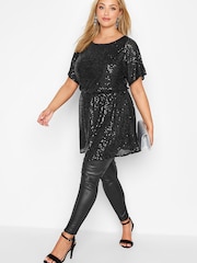 Yours Curve Black London Sequin Peplum Top - Image 2 of 4