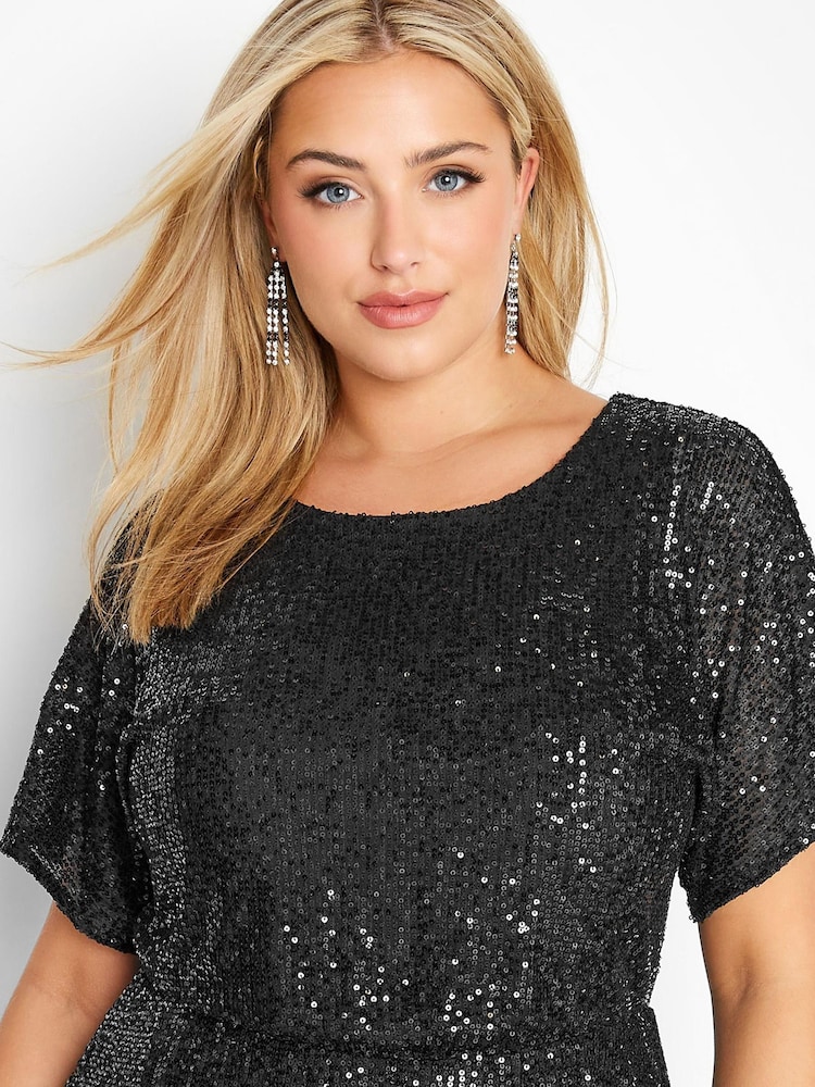 Yours Curve Black London Sequin Peplum Top - Image 4 of 4