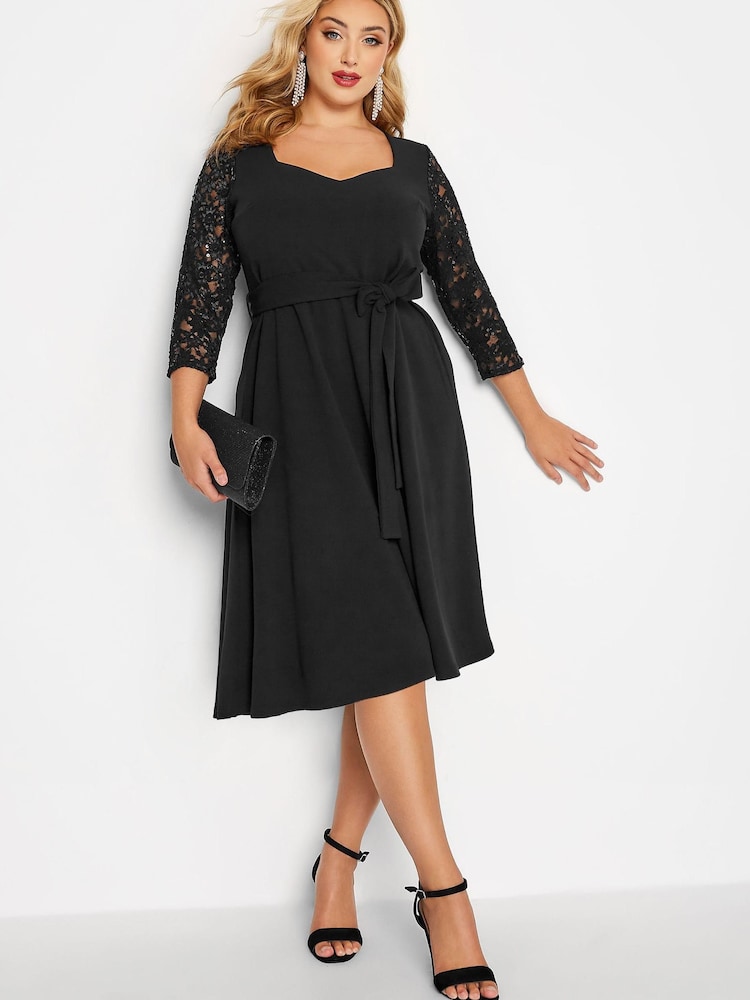 Yours Curve Black London Sequin Lace Sleeve V Neck Skater Dress - Image 1 of 4