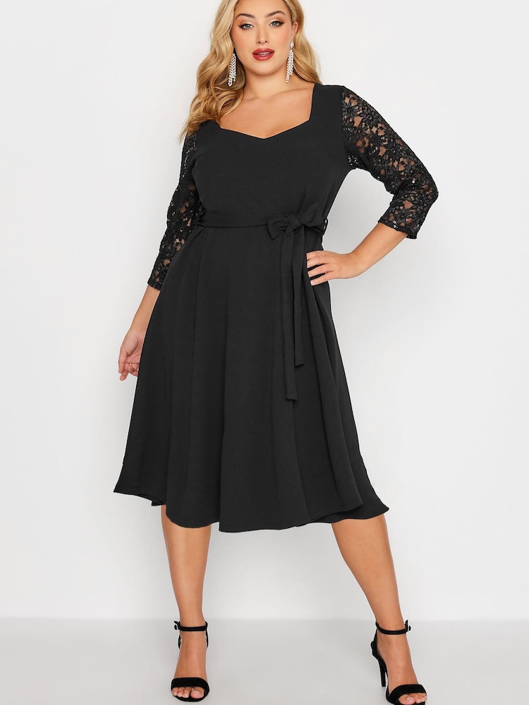 Yours Curve Black London Sequin Lace Sleeve V Neck Skater Dress - Image 2 of 4