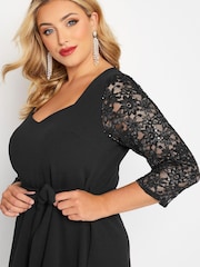 Yours Curve Black London Sequin Lace Sleeve V Neck Skater Dress - Image 4 of 4