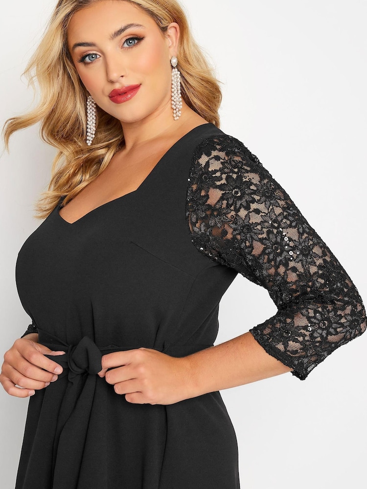 Yours Curve Black London Sequin Lace Sleeve V Neck Skater Dress - Image 4 of 4