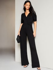 Lipsy Black Petite Short Sleeve Twist Front Jersey Wide Leg Jumpsuit - Image 1 of 4