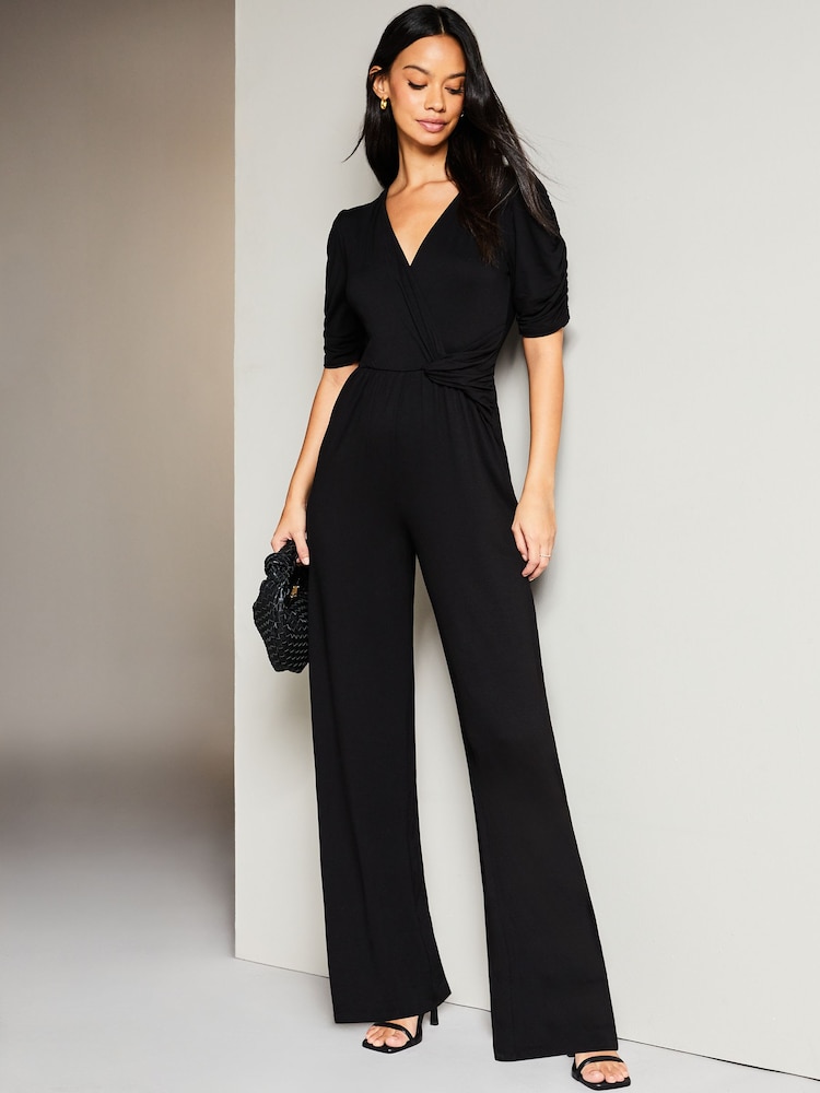 Lipsy Black Petite Short Sleeve Twist Front Jersey Wide Leg Jumpsuit - Image 1 of 4