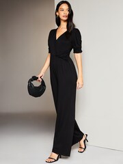 Lipsy Black Petite Short Sleeve Twist Front Jersey Wide Leg Jumpsuit - Image 3 of 4