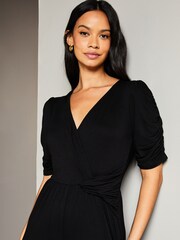 Lipsy Black Petite Short Sleeve Twist Front Jersey Wide Leg Jumpsuit - Image 4 of 4