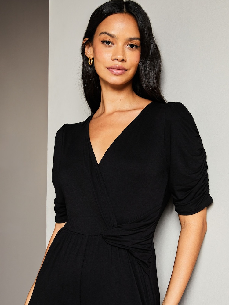 Lipsy Black Petite Short Sleeve Twist Front Jersey Wide Leg Jumpsuit - Image 4 of 4