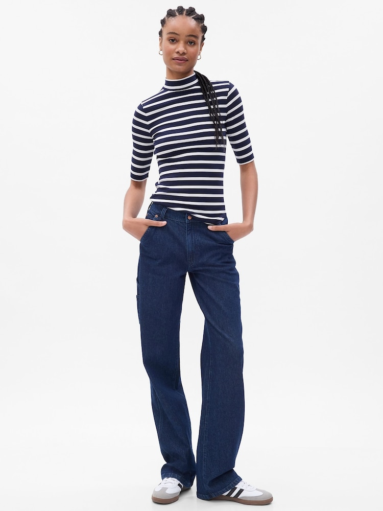 Gap Navy/Blue Ribbed Stripe Short Sleeve Mock Neck T-Shirt - Image 1 of 2
