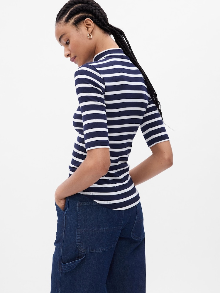 Gap Navy/Blue Ribbed Stripe Short Sleeve Mock Neck T-Shirt - Image 2 of 2