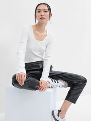 Gap White Ribbed Henley Button Long Sleeve Scoop Neck T-Shirt - Image 1 of 2
