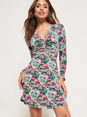 Lipsy Ditsy Print Jersey Ruched Front Mini Dress - Image 1 of 4