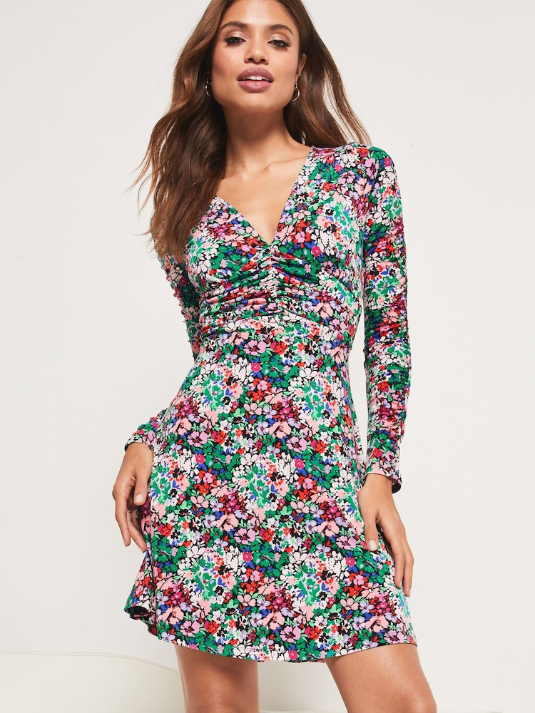 Lipsy Ditsy Print Jersey Ruched Front Mini Dress - Image 1 of 4
