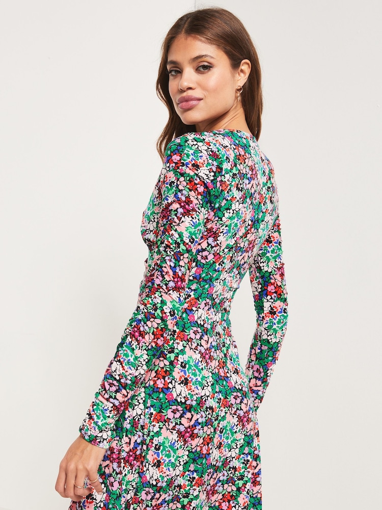 Lipsy Ditsy Print Jersey Ruched Front Mini Dress - Image 2 of 4