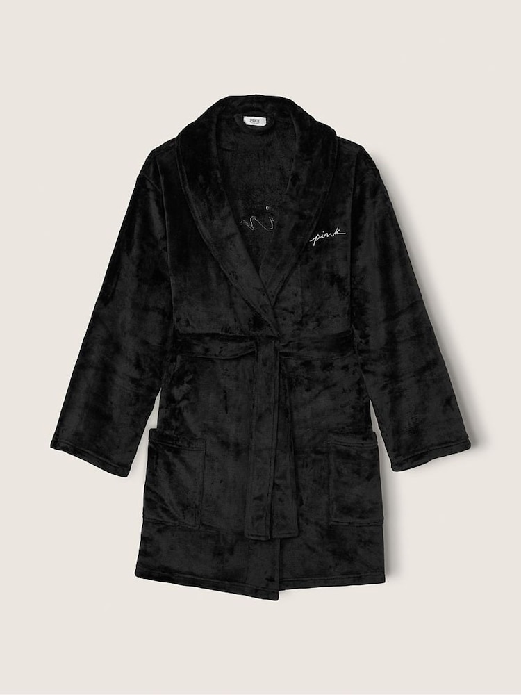Victoria's Secret PINK Pure Black Cosy Long Sleeve Dressing Gown - Image 1 of 2 Victoria's Secret PINK Pure Black Cosy Long Sleeve Dressing Gown - Image 1 of 2