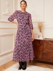 Love & Roses Berry Red Animal 3/4 Sleeve Printed Pleated Belted Midi Dress - Image 1 of 4