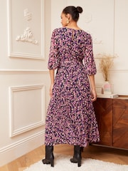 Love & Roses Berry Red Animal 3/4 Sleeve Printed Pleated Belted Midi Dress - Image 2 of 4