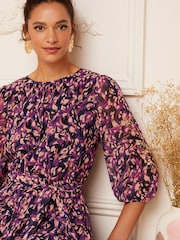 Love & Roses Berry Red Animal 3/4 Sleeve Printed Pleated Belted Midi Dress - Image 4 of 4