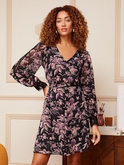 Love & Roses Black Floral Printed V Neck Lace Trim Long Sleeve Mini Dress - Image 1 of 4
