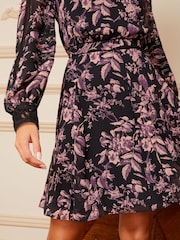 Love & Roses Black Floral Printed V Neck Lace Trim Long Sleeve Mini Dress - Image 2 of 4