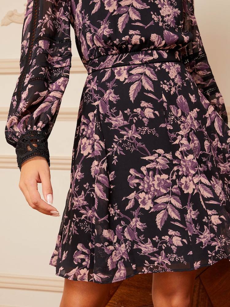 Love & Roses Black Floral Printed V Neck Lace Trim Long Sleeve Mini Dress - Image 2 of 4