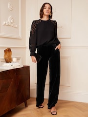 Love & Roses Black Velvet Side Button Tag Wide Leg Trousers - Image 3 of 4