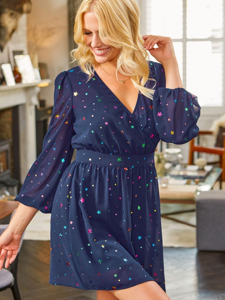 Pour Moi Navy Blue Fuller Bust Natalya Metallic Star Chiffon Puff Sleeve Dress - Image 2 of 4 Pour Moi Navy Blue Fuller Bust Natalya Metallic Star Chiffon Puff Sleeve Dress - Image 2 of 4