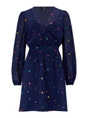 Pour Moi Navy Blue Fuller Bust Natalya Metallic Star Chiffon Puff Sleeve Dress - Image 3 of 4