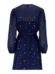 Pour Moi Navy Blue Fuller Bust Natalya Metallic Star Chiffon Puff Sleeve Dress - Image 4 of 4