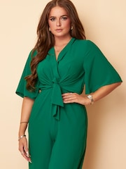 Girl In Mind Green Tie Front Wide Leg Jumpsuit - Image 2 of 4
